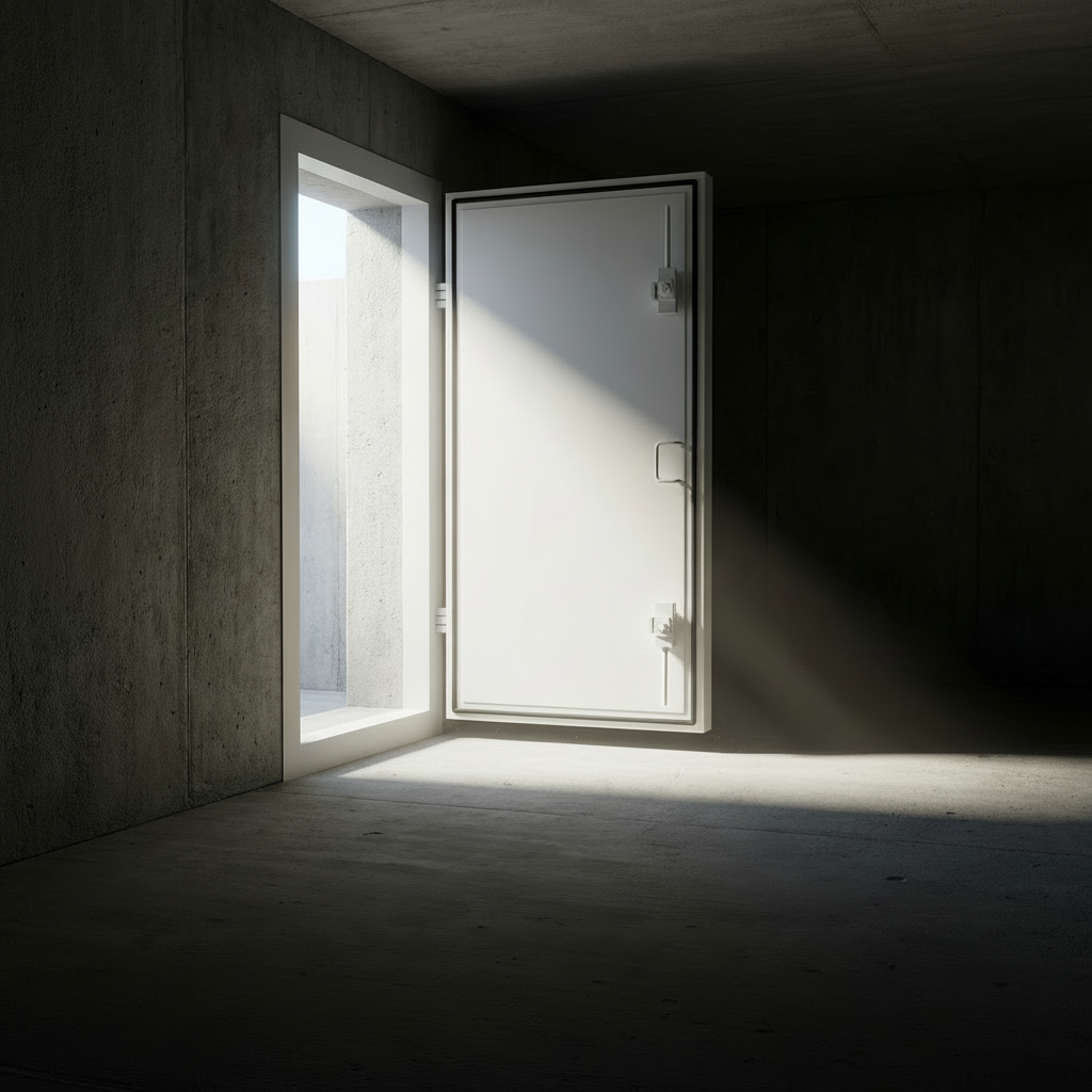 Drucktür offen mit Licht im Schutzraum